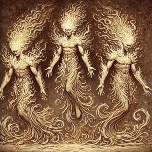 An illustration of three fire spectral figures. The background is dark and ominous.