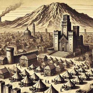 An illustrated panoramic view of the Shabrani Clan of witches. In the foreground, numerous tents and small shanties surround a tall, imposing stone fortress. A giant volcano called Dukkah behind the city, all under a vast, open sky.