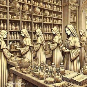 An illustration of a group of Balor witches from the Apocrypha books gathered around a medieval laboratory. They are preparing magical potions, with some stirring the brew while others add various ingredients from glass bottles and ceramic jars. The witches are wearing light robes.